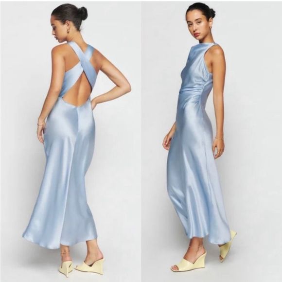 NWT Reformation Casette Midi Silk Dress Sz 6 Baby blue horizon Criss-cross Back - Picture 2 of 6